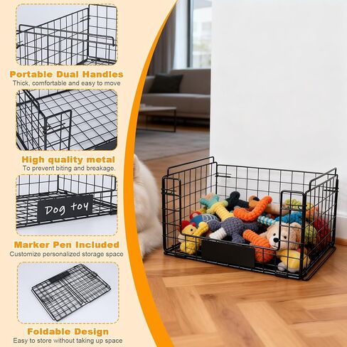 Metal Dog Toy Basket with Handles, Chew-Proof Large Pet Toy Storage Bin, Foldable Dogs Organizer Box for Living Room, Personalized Rustic Toy Holder (Black) in Kuwait