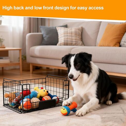 Metal Dog Toy Basket with Handles, Chew-Proof Large Pet Toy Storage Bin, Foldable Dogs Organizer Box for Living Room, Personalized Rustic Toy Holder (Black) in Kuwait