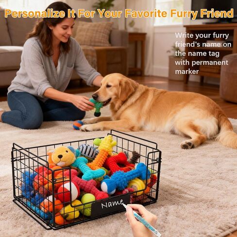 Metal Dog Toy Basket with Handles, Chew-Proof Large Pet Toy Storage Bin, Foldable Dogs Organizer Box for Living Room, Personalized Rustic Toy Holder (Black) in Kuwait