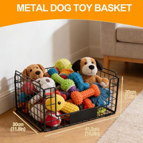 Metal Dog Toy Basket with Handles, Chew-Proof Large Pet Toy Storage Bin, Foldable Dogs Organizer Box for Living Room, Personalized Rustic Toy Holder (Black) in Kuwait