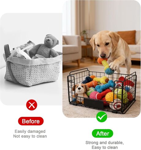 Metal Dog Toy Basket with Handles, Chew-Proof Large Pet Toy Storage Bin, Foldable Dogs Organizer Box for Living Room, Personalized Rustic Toy Holder (Black) in Kuwait
