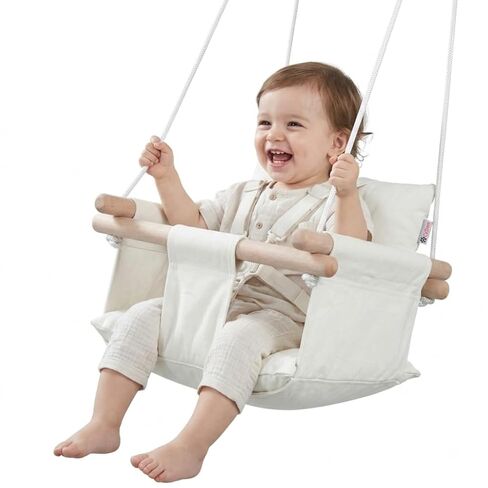 CaTeam Canvas Baby Swing Seat with 5-Point Safety Belt — Wooden Hanging Toddler Swing, Indoor & Outdoor, Ages 1-4, Ceiling Mount Hardware Included, Taupe Gray in Kuwait