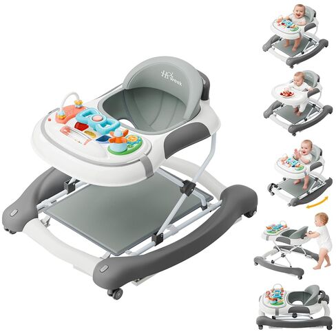 5-in-1 Foldable Baby Walker,Music and Lights Baby Walker with Wheels,Height Adjustable Infant Walker, with Activity Center, Rocker, Bouncer,Push Walker & Feeding Tray for Babies 6-18 Months (Black) in Kuwait