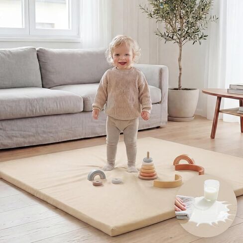 Huloo Sleep Baby Play Mat 50x50 Inches, 1.3" Thick Padded Waterproof Floor Cushion & Playpen Mat with Vegan Leather, Non-Slip & Non-Toxic Nursery Rug for Infants, Toddlers & Kids(Beige) in Saudi Arabia