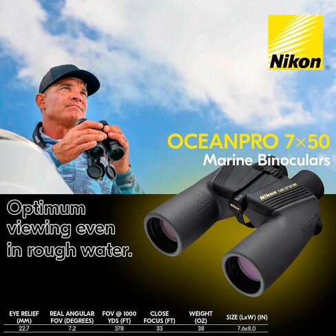 Nikon OceanPro 7x50 Waterproof Marine Binoculars - Bright Multi-Coated Porro Prism Optics, High Light Transmission, Long Eye Relief, Waterproof Fogproof Binocular for Boating & Sailing (7440) | Bright Multicoated BAK4 Porro Prisms, Waterproof and Fogproof in Kuwait