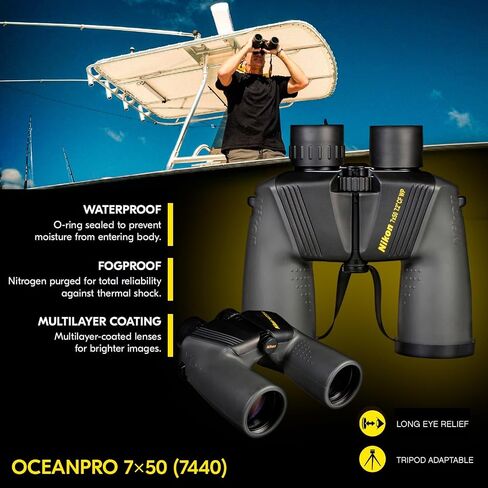 Nikon OceanPro 7x50 Waterproof Marine Binoculars - Bright Multi-Coated Porro Prism Optics, High Light Transmission, Long Eye Relief, Waterproof Fogproof Binocular for Boating & Sailing (7440) | Bright Multicoated BAK4 Porro Prisms, Waterproof and Fogproof in Kuwait