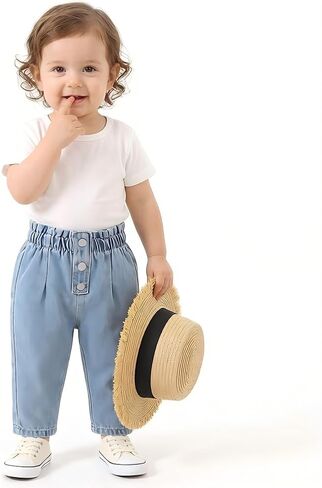 Baby Girls Light Blue Denim Jeans Button Front Elastic Waist Pants 6-24M in Kuwait