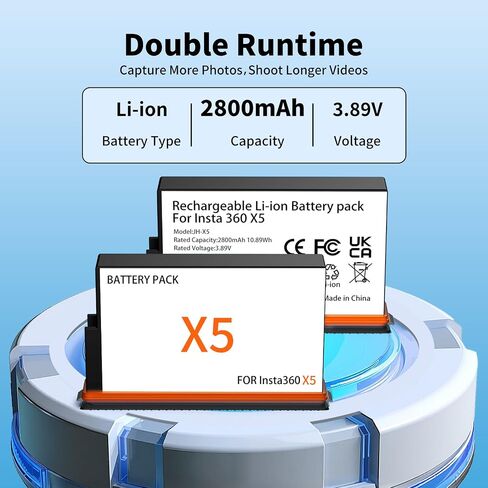 2 Packs 2800mAh Insta 360 X5 Batteries | 27W Dual Fast Charging Case with LCD Display, Type-C Two Way Charger Hub for Insta360 X5 Battery, Shows Batteries SOC in Kuwait