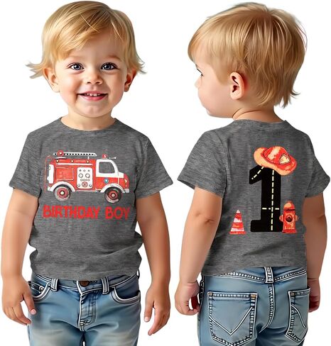 GLIGLITTR Birthday Boy Shirt Fire Truck 1st 2nd 3rd 4th Birthday T-Shirt Toddler Boys 1-4 Year Old Firefighter Bday Gift Tees in Kuwait
