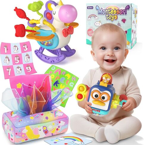 4 in 1 Baby Toys for 12+ Month, Christmas Birthday Gifts for 1 + Year old | Montessori Toys Sensory Infant Busy Cube Stacking Rings Color Sorting Educational Learning Toddlers Toys Aged 2 3 in Kuwait