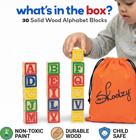 Skoolzy 30 Pc Baby Blocks, Wooden ABC Blocks, Alphabet Learning, 2-5 | Small Wooden ABC Blocks for Toddlers 2-5 - Alphabet Learning & Building Toys, Educational in Saudi Arabia