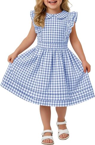 Yooo's Vivi Toddler Girls Gingham Dress | 18M-5T, Plaid, Ruffle, Kids, Breathable, Lightweight, Comfortable, Flowy, School, Daily Wear, Party, Vacation, Beach, School in Kuwait