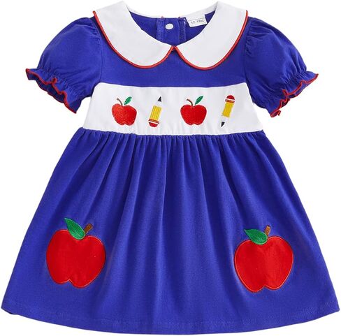 Kid Baby Girl Back to School Outfit Plaid Pencil Embroidery Fly Sleeve Smocked Dress Toddler First Day of School Dress in Kuwait