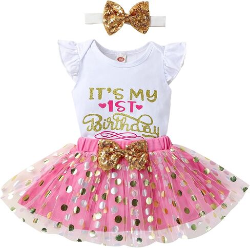 Newborn Baby Girls My 1st Birthday Outfit Dress Infant Ruffle Sleeve Shiny Printed Sequin Bowknot Tutu Princess Skirt Set 3PCS Clothes One Year Old Girls Summer Dress Clothes Gift 1st in Kuwait