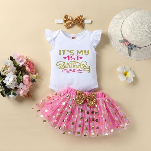 Newborn Baby Girls My 1st Birthday Outfit Dress Infant Ruffle Sleeve Shiny Printed Sequin Bowknot Tutu Princess Skirt Set 3PCS Clothes One Year Old Girls Summer Dress Clothes Gift 1st in Kuwait