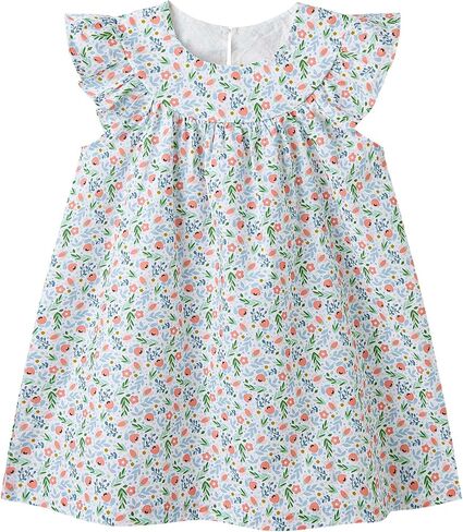 pureborn Toddler Girl Dress Flutter Sleeve Floral Summer Outfit 12M-5T | lightweight woven cotton, breathable, ruffle flutter sleeves, Button closure at back, allover floral print in Kuwait