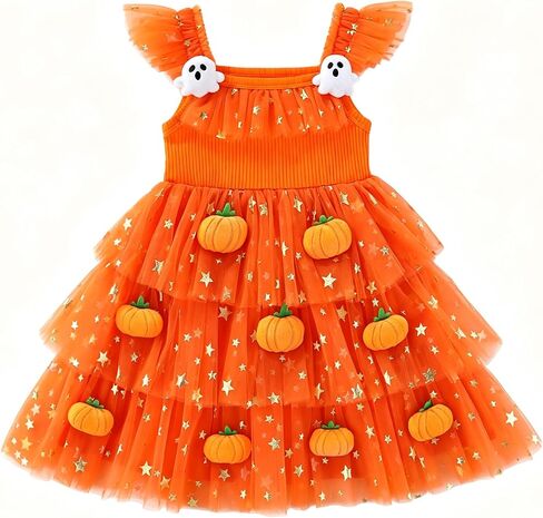 Toddler Halloween Dress For Girls Tulle Sequin Tutu Pumpkin Dress Ruffle Sleeve Princess Dress in Kuwait