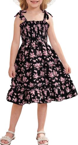 Girl Boho Dress Floral Sleeveless Dresses Girls Tie Shoulder Beach Sun Dress Ruffled Smocked 2-8T in Kuwait