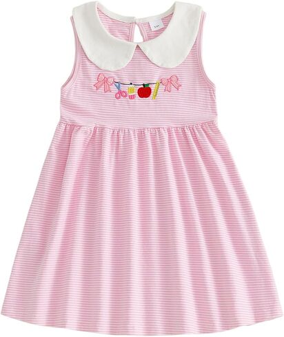 HengShunRui Toddler Girl School Striped Peter Pan Collar Dress | White peter pan collar, cute school theme embroidery, striped pattern, keyhole button back, sleeveless a-line dress in Kuwait