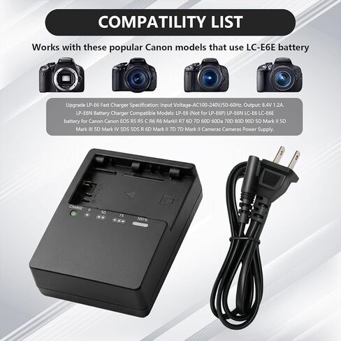 LP-E6 LP-E6N LC-E6 LC-E6E Quick Battery Charger Compatible with Canon EOS 5D Mark II III IV, 5DS, 5DS R, 6D, 6D Mark II, 7D, 7D Mark II 60D 70D 80D 90D R R5 C700 XC10 XC15 DSLR Digital Camera in Kuwait