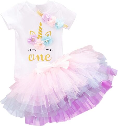 NNJXD Baby Girls 1st Birthday Unicorn Outfits Set Tutu Skirt+ Unicorn T-Shirt+ Flower Headband 1 Year in Kuwait