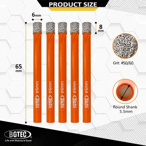 BGTEC Dry Diamond Drill Bit Set, 5pcs 1/4" 6mm Tile Bits Hole Saw | For Granite, Marble, Masonry, Concrete, Tile/Ceramic, Glass, Hard plastic, Vacuum Brazed Diamond Core Drill Bit Kit in Kuwait