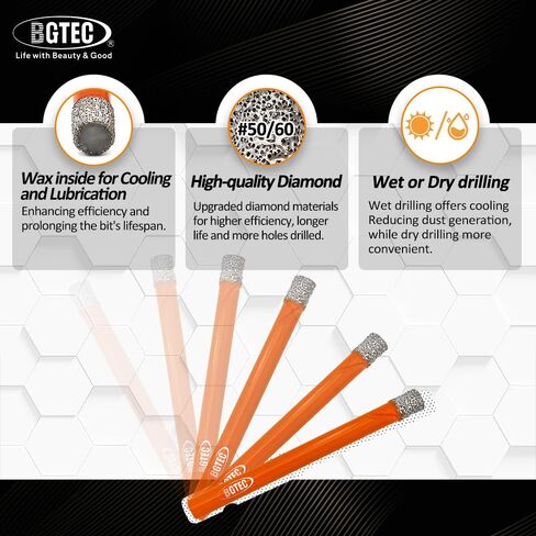 BGTEC Dry Diamond Drill Bit Set, 5pcs 1/4" 6mm Tile Bits Hole Saw | For Granite, Marble, Masonry, Concrete, Tile/Ceramic, Glass, Hard plastic, Vacuum Brazed Diamond Core Drill Bit Kit in Kuwait