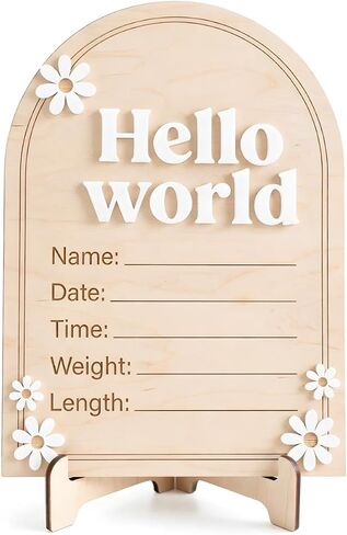 Arch Wooden Birth Announcement Sign with 3D Daisy Flowers - Hello World Name Date Weight Stat Plaque for Hospital - Newborn Baby Photo Prop Ornament - Nursery Wall Decor Keepsake Gift in Kuwait