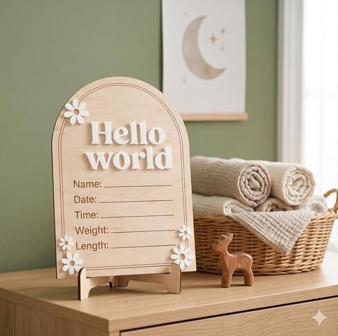 Arch Wooden Birth Announcement Sign with 3D Daisy Flowers - Hello World Name Date Weight Stat Plaque for Hospital - Newborn Baby Photo Prop Ornament - Nursery Wall Decor Keepsake Gift in Kuwait