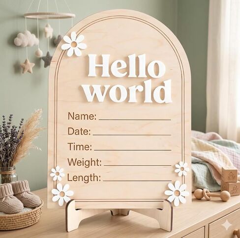 Arch Wooden Birth Announcement Sign with 3D Daisy Flowers - Hello World Name Date Weight Stat Plaque for Hospital - Newborn Baby Photo Prop Ornament - Nursery Wall Decor Keepsake Gift in Kuwait