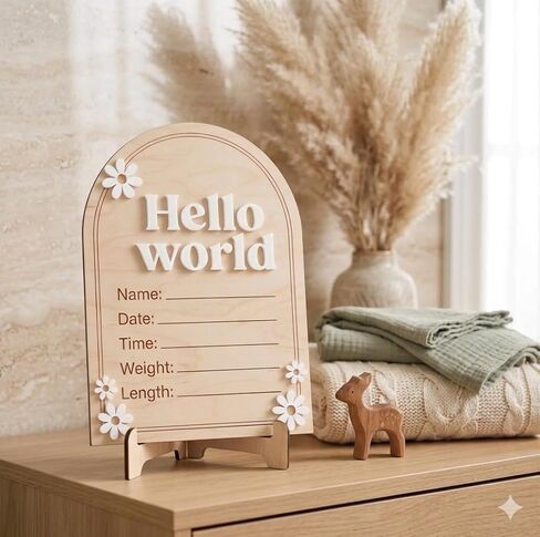 Arch Wooden Birth Announcement Sign with 3D Daisy Flowers - Hello World Name Date Weight Stat Plaque for Hospital - Newborn Baby Photo Prop Ornament - Nursery Wall Decor Keepsake Gift in Kuwait