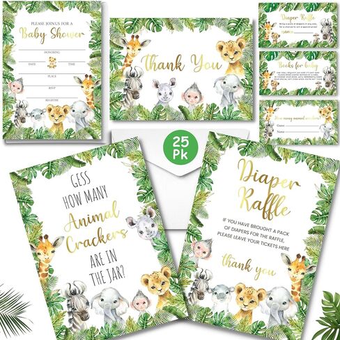 127 Pc Jungle Safari Baby Shower Invitations For Boy And Girl With Envelopes, Thank You Cards, Baby Book Request Cards, Diaper Raffle Tickets & Sign, Guess How Many Baby Shower Game -25 Guest Set in Kuwait