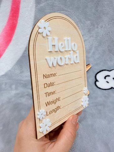 Arch Wooden Birth Announcement Sign with 3D Daisy Flowers - Hello World Name Date Weight Stat Plaque for Hospital - Newborn Baby Photo Prop Ornament - Nursery Wall Decor Keepsake Gift in Kuwait
