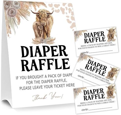 Diaper Raffle Tickets for Baby Shower Game, 1 Standing Sign & 50 Guessing Cards for Baby Shower Party Decoration, Holy Cow, Boho Pink Highland Cow in Kuwait