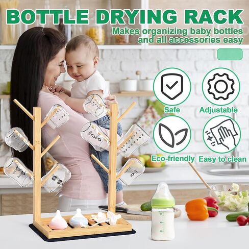 Baby Bottle Drying Rack, Vertical Bamboo Bottle Dryer Holder with Water Absorbent Pad, Space Saving Baby Bottle Organizer for Baby Bottles, Pump Part & Accessories(Natural, 12 Bottles) in Kuwait