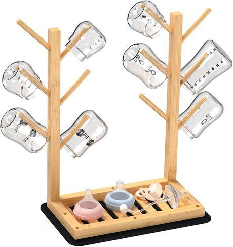 Baby Bottle Drying Rack, Vertical Bamboo Bottle Dryer Holder with Water Absorbent Pad, Space Saving Baby Bottle Organizer for Baby Bottles, Pump Part & Accessories(Natural, 12 Bottles) in Kuwait