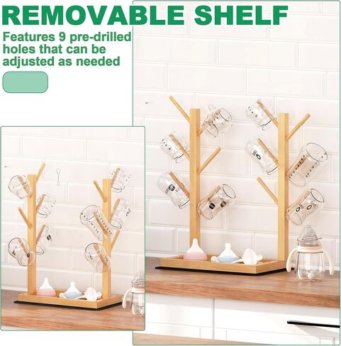 Baby Bottle Drying Rack, Vertical Bamboo Bottle Dryer Holder with Water Absorbent Pad, Space Saving Baby Bottle Organizer for Baby Bottles, Pump Part & Accessories(Natural, 12 Bottles) in Kuwait