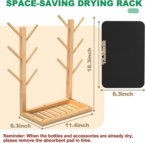Baby Bottle Drying Rack, Vertical Bamboo Bottle Dryer Holder with Water Absorbent Pad, Space Saving Baby Bottle Organizer for Baby Bottles, Pump Part & Accessories(Natural, 12 Bottles) in Kuwait