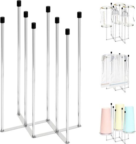Foldable Baby Bottle Drying Rack – 8-Pole Collapsible Bottle Organizer, suitable for cups, silicone bags, and kitchen waste bags – Space-Saving Countertop Dryer for Home & Travel (Silver) in Kuwait