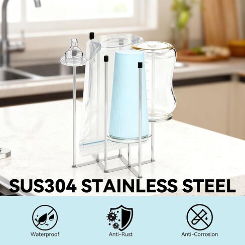 Foldable Baby Bottle Drying Rack – 8-Pole Collapsible Bottle Organizer, suitable for cups, silicone bags, and kitchen waste bags – Space-Saving Countertop Dryer for Home & Travel (Silver) in Kuwait