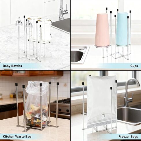 Foldable Baby Bottle Drying Rack – 8-Pole Collapsible Bottle Organizer, suitable for cups, silicone bags, and kitchen waste bags – Space-Saving Countertop Dryer for Home & Travel (Silver) in Kuwait