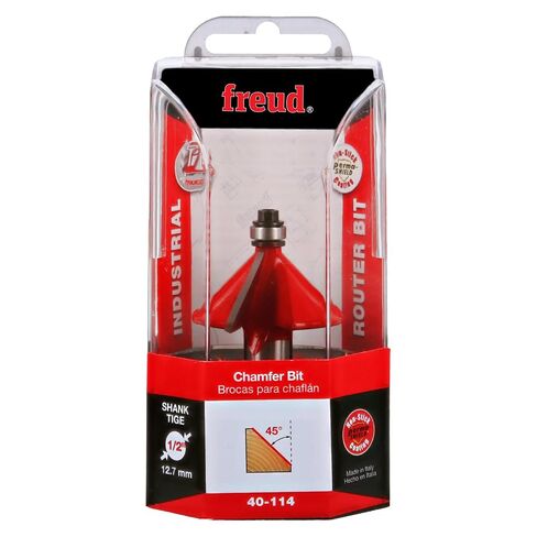 Freud 1-5/8" Chamfer Router Bit with Tico Hi-Density Carbide for Maximum Performance - Ideal for Edge Treatment & Joinery, 1-5/8" Diameter, 1/2" Shank, 5/8" Height, 45° Angle, 2 Cutters - 40-114 in Kuwait