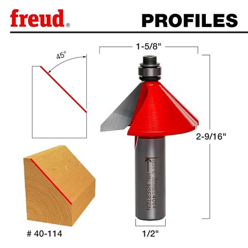 Freud 1-5/8" Chamfer Router Bit with Tico Hi-Density Carbide for Maximum Performance - Ideal for Edge Treatment & Joinery, 1-5/8" Diameter, 1/2" Shank, 5/8" Height, 45° Angle, 2 Cutters - 40-114 in Kuwait