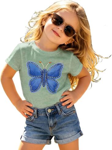 Ritatte Toddler Girls Butterfly Graphic Shirts Cute Kids Short Sleeve Tee Summer Casual Tops for Little Girl in Kuwait