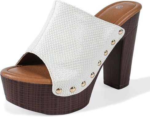 Women'S Leather Platform Stacked Heel Slides Sandals Fashion round Open Toe Slip On light Platform Chunky High Heels Slides Sandals For Casual Work Party in Kuwait