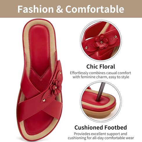 Ecetana Womens Sandals Comfortable Dressy Summer Slip On Slides for Walking | Chic adjustable cross floral straps - cushioned footbed - durable non-slip flat sole for all-day comfort casual daily wear in Kuwait
