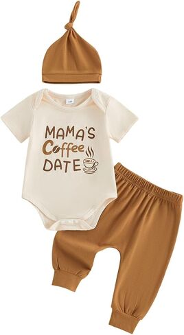 Newborn Baby Boy Mamas Coffee Date Outfit Romper Set Summer Clothes | Short Sleeve Romper Bodysuit and Pants Hat Set, 3Pcs Outfits in Kuwait