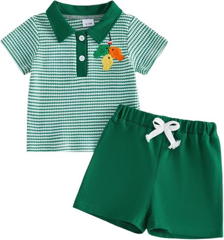 Toddler Baby Boys Summer Outfits Striped Short Sleeves Polo T-Shirt and Elastic Shorts Set 2 Piece Clothes in Kuwait