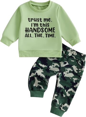 Toddler Boys Fall Winter Outfits Sweatshirt Camo Pants Set 12M-5T | Long Sleeve Top, Letter Print Pullover, Graphic Sweatshirt, Camouflage Sweatpants, Fall Winter Clothes, Kids Boys Sweatsuit in Kuwait