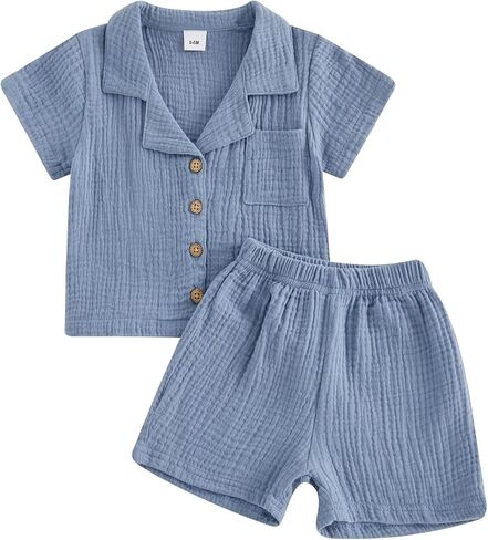 Toddler Baby Boy Summer Outfit Lapel Button Down Shirt Tops Cotton Gauze Shorts 2PCS Infant Little Boy Clothes Set in Kuwait